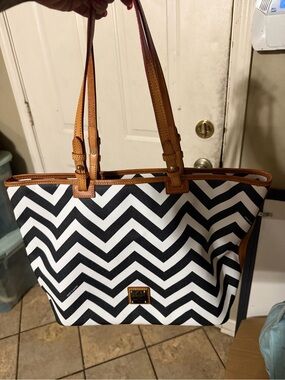 Dooney & Bourke Black and White Chevron Tote with Tan Trim